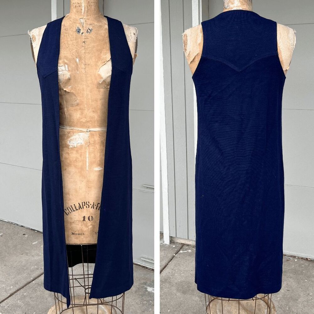 Vintage 70s Ardee Navy Blue Sleeveless Duster Vest Dress Western Yoke